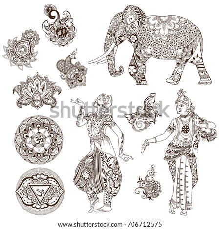 Elephant, dancers, mandalas, birds, flowers in the mehendi style. Set of ornate elements for design.