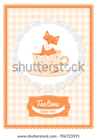 Vector greeting card with a happy fox in a cup.