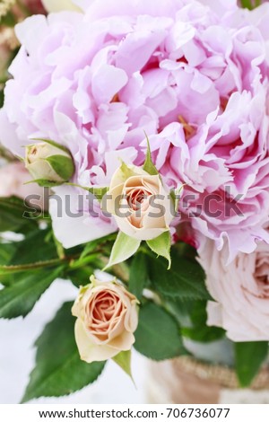Bouquet with pink peonies and roses. 