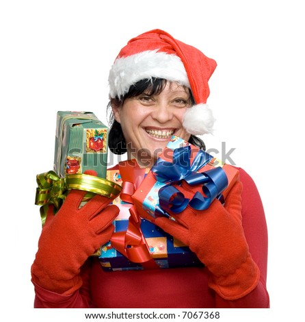 woman in christmas clothes with gifts, studio isolated