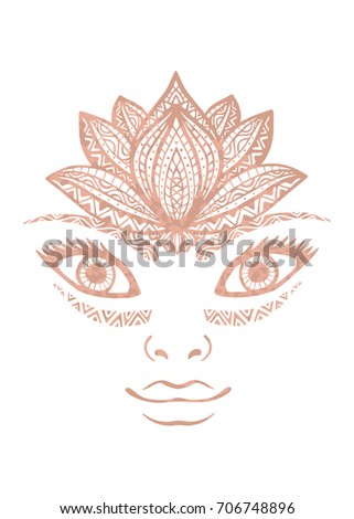 Metallic tattoo Rose gold foil texture Ornate beautiful woman face with decorative lotus flower as head accessory in ethnic boho style for greeting cards, invitation, wall art, poster, textile print