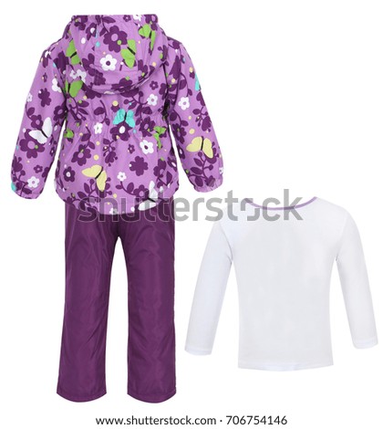 Set of Children's winter jacket pants and t-shirt isolated on white background, clothes for kids