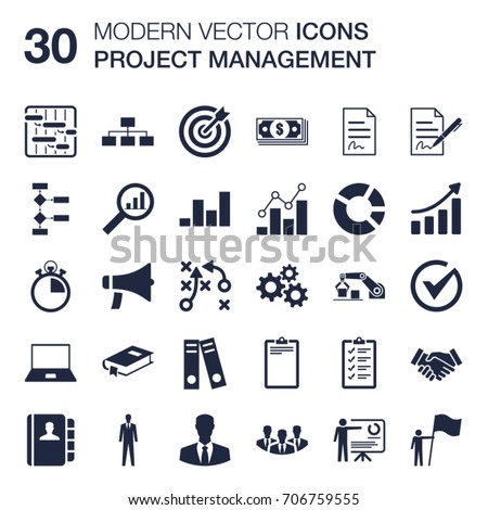 Set of 30 quality icons about project management and business administration (shapes of gantt planning, WBS, OBS, human resources, cost, time, quality, schedule, budget) with flat design Royalty-Free Stock Photo #706759555