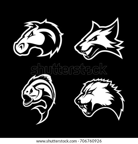 Furious piranha, wolf, fox and horse sport vector logo concept set isolated on black. Street wear mascot team badge design. Premium quality wild animal emblem t-shirt tee print illustration.