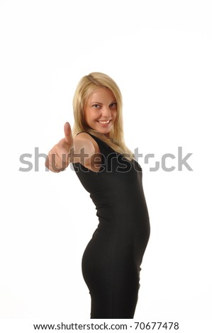 Business woman smiling while giving thumbs up