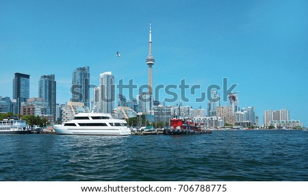 View of Toronto downtown from Lake Ontario. Sunny day.