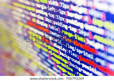  Abstract source code background. Webdesigner Workstation. Big data database app. Source code close-up. Programming code typing. Project managers work new idea. 
