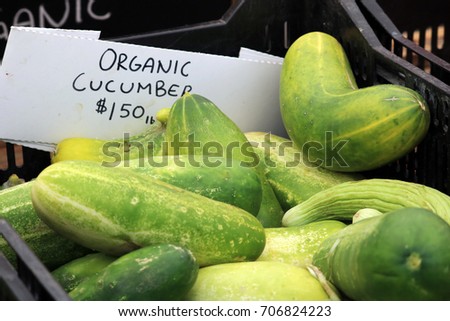 Fresh Organic Heirloom Cucumbers at a farmers market in Hollywood, California.