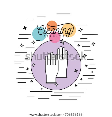 gloves cleaning service silhouette in circular frame with color bubbles and decorative stars and lines on white background vector illustration