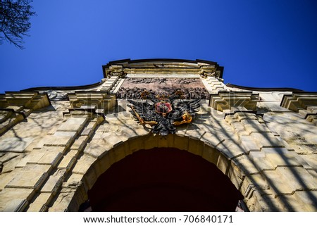 The double-headed eagle on the Peter's Gate. The Peter and Paul Fortress. St. Petersburg. Russia