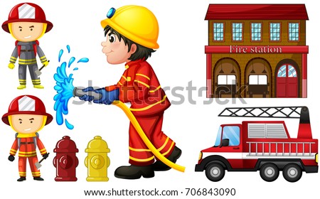 Firefighters and fire station illustration