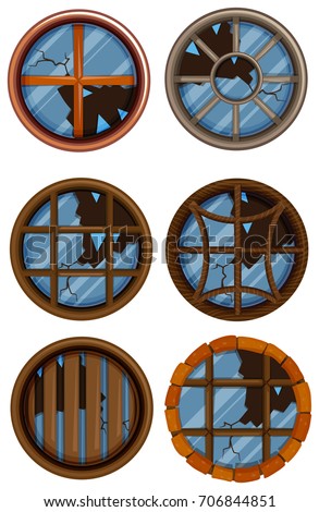 Round windows with broken glass illustration