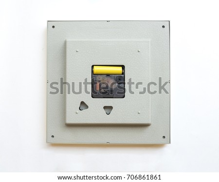 Behind of square clock with gear. Part of machine processor. Isolated on white background and clipping path. 
