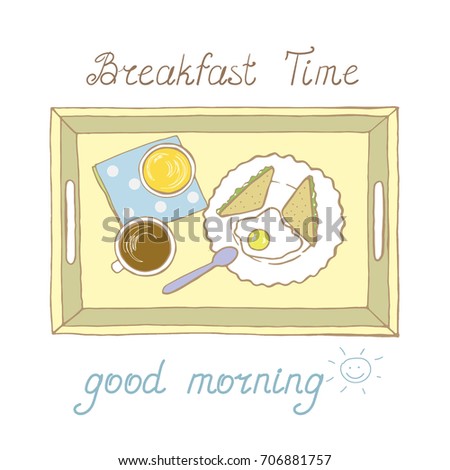 Tray with cup of hot drink and fried eggs with sandwiches in vector