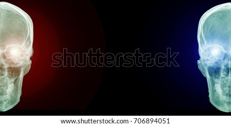 Half human skull on isolated background with bright eye on both 