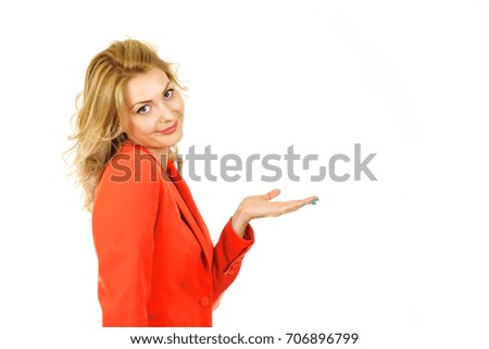 Emotional showing girl in red jacket on white background