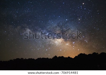 Silhouette of pine tree and Milky way  galaxy at Phu Hin Rong Kla National Park,Phitsanulok Thailand