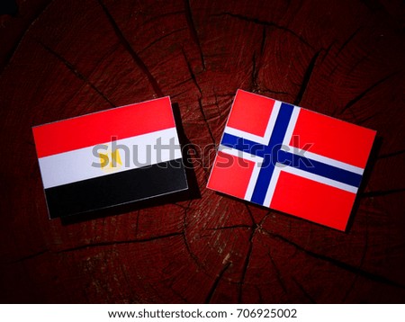 Egyptian flag with Norwegian flag on a tree stump isolated
