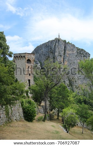 View of the old castle and the church on the mountain.