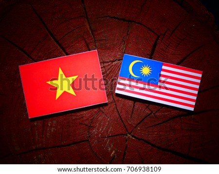 Vietnamese flag with Malaysian flag on a tree stump isolated