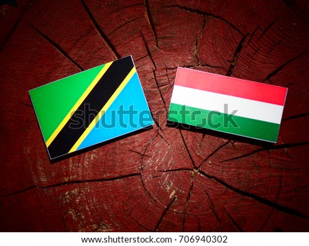 Tanzanian flag with Hungarian flag on a tree stump isolated