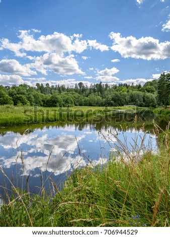 reflection of clouds in the lake with forest  and trees in background