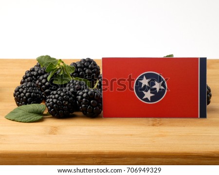 Tennessee flag on a wooden panel with blackberries isolated on a white background