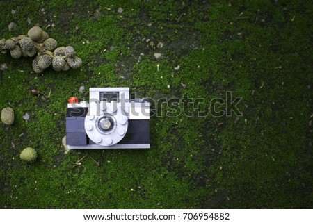 Soft focus low key of plastic blocks building create a camera toy laying on the green ground with some fruit of tree, play for fun