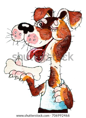 Happy dog t-shirt with a bone in its paw isolated on background ,illustration,drawing