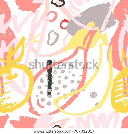 Hand drawn abstract seamless vector pattern. Fruits and brush strokes.