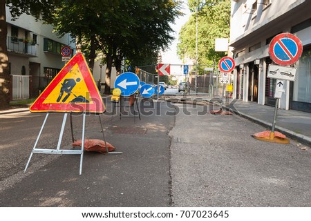 Roadwork sign. Construction site