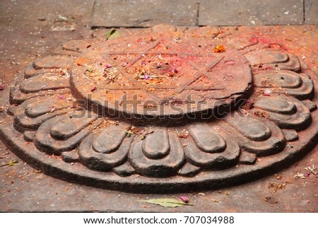 A star of David on the floor inside Kumari Bahal temple. Kathmandu, Durbar square, Nepal, Asia. 