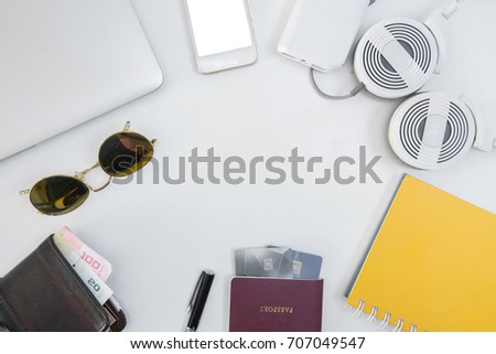 Outfit of traveler and businessman on white background with copy space, Travel and business concept.