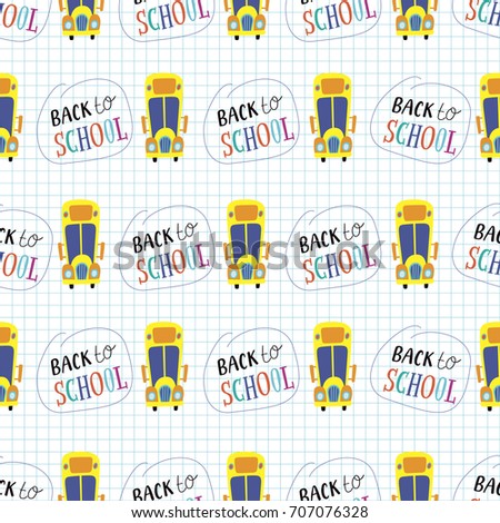 Vector illustration with school bus for children. Cartoon seamless pattern on a white background. It can be used for backgrounds, surface textures, wallpapers, pattern fills.