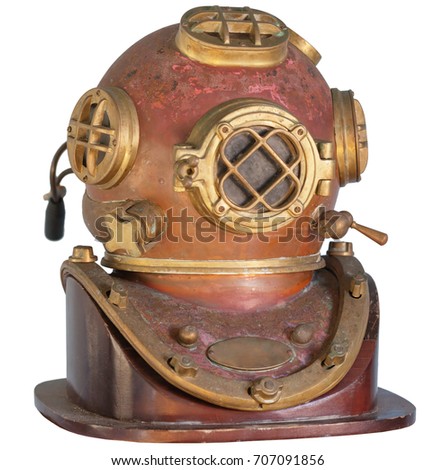 Antique, brass diving helmet with four windows and bolted fittings, isolated on a white background.