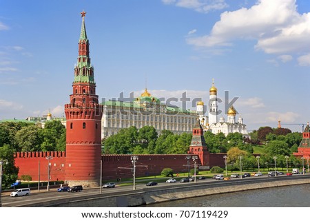View of the Kremlin with Vodovzvodnaya tower and Moskva River, Moscow, Russia