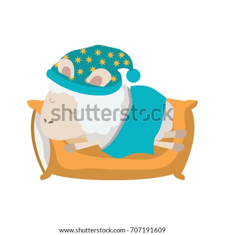 sheep animal with sleeping cap rest in pillow in colorful silhouette on white background vector illustration