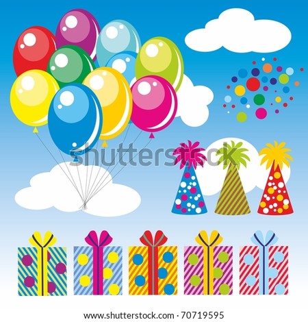 illustration of balloons, gift and festive hubcap