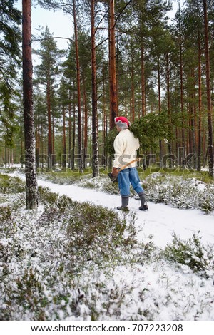 Man with Christmas tree in forest