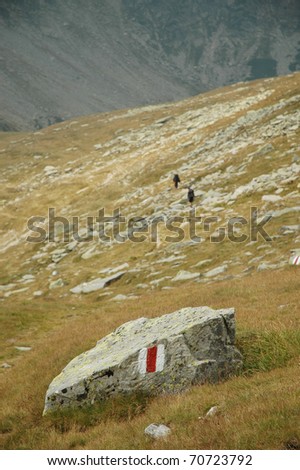 Red and white hike path symbol in the mountains