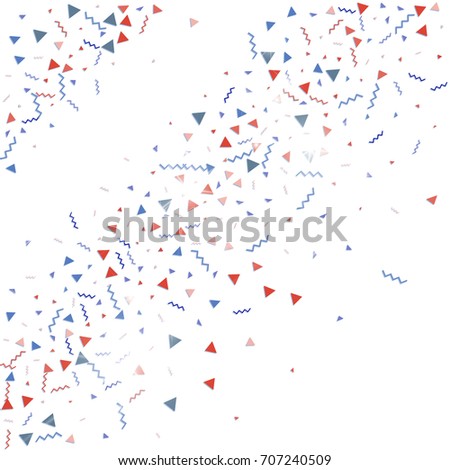 Blue and red confetti. Independence day background. Carnival firework backdrop. Minimalistic flat falling triangles and tinsels. Christmas party backdrop.