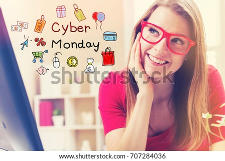Cyber Monday text with young woman in her home office
