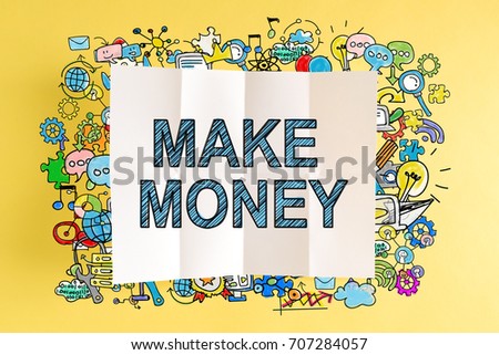 Make Money text with colorful illustrations on a yellow background