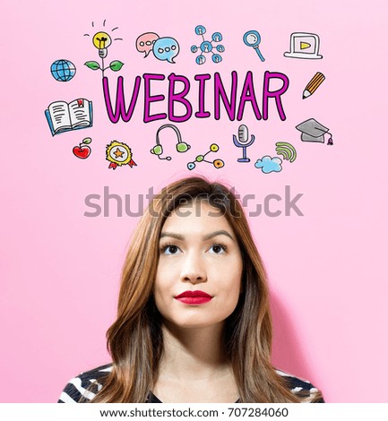Webinar text with young woman on a pink background