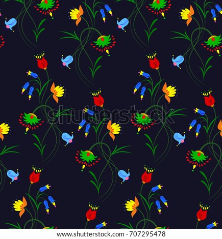 Vector illustration of seamless fantasy flower pattern. Colorful flowers on black background.