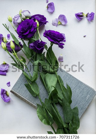 purple flowers and a book