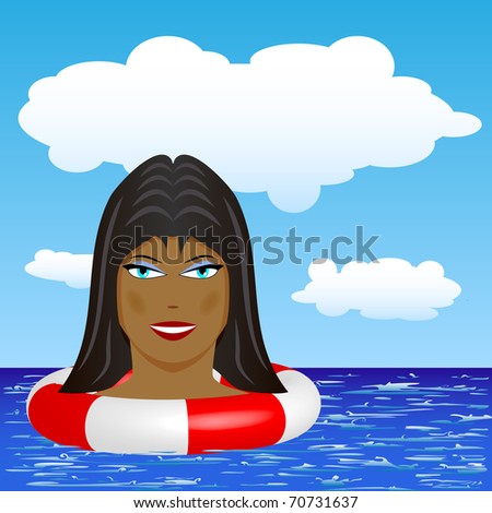 Black girl swimming in the sea with rubber