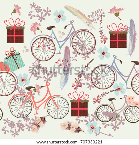 Floral wallpaper pattern with bicycles, feathers and flowers