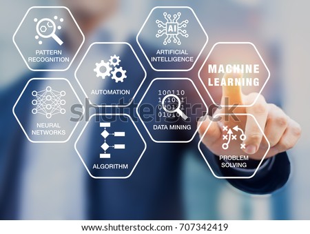 Presentation about machine learning technology with scientist touching screen with robotic process automation, artificial intelligence (AI), neural network, and data mining words and computer icons Royalty-Free Stock Photo #707342419