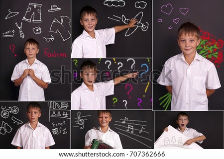 Collage of pictures of the boy in white shirt pointing to the plane on the board, choosing sport or knowledge concept, with flowers behind his back, playing on accordion at blackboard  